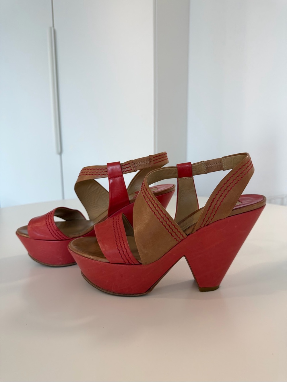 Vintage Chloé Fiesta Shoes Dark Pink and Tan Platform Wedge Sandals